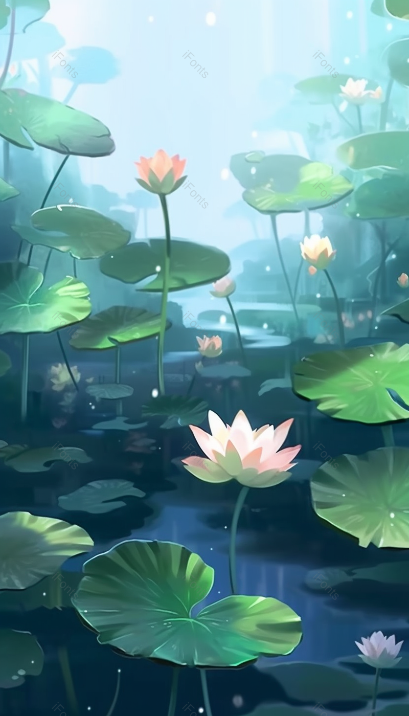 唯美治愈荷花荷叶绿色插画背景,插画/手绘图,插画/手绘图库,插画/手绘图下载,插画/手绘